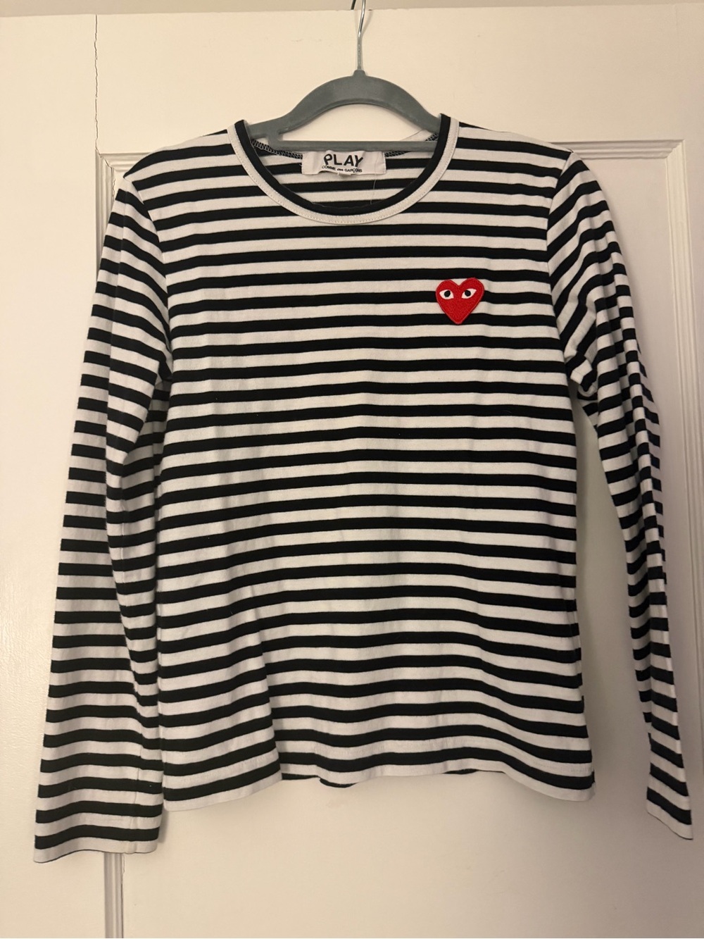 Comme des Garçons PLAY Black & White Striped Long-Sleeve Tee with Red Heart